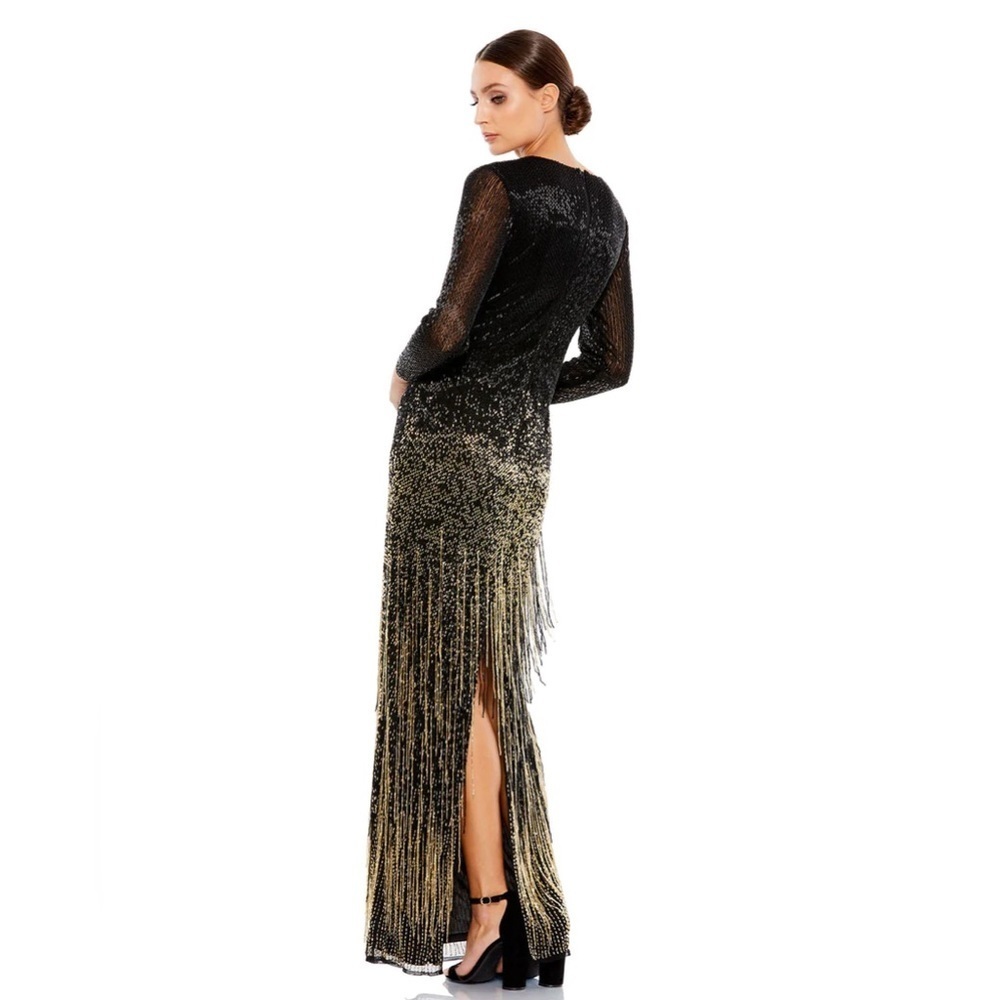 Mac Duggal Long Sleeve Beaded Fringe Gown 93584 - Picture 2 of 9